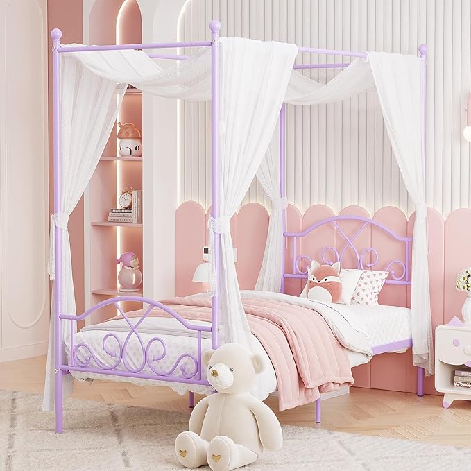 Weehom Princess Canopy Bed Frame with 4 Posters, Sturdy Metal Platform with Headboard&Footboard No Box Spring Needed Twin Size Bed for Kids Girls Adults,Purple