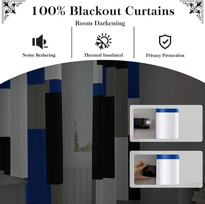 Royal Blue 100% Blackout Curtains for Bedroom 96 inch Long 2 Panels Set Navy Blue Modern Abstract Black Out Curtains Black Grey Insulated Room Darkening Window Drapes for Living Room, 52Wx96L
