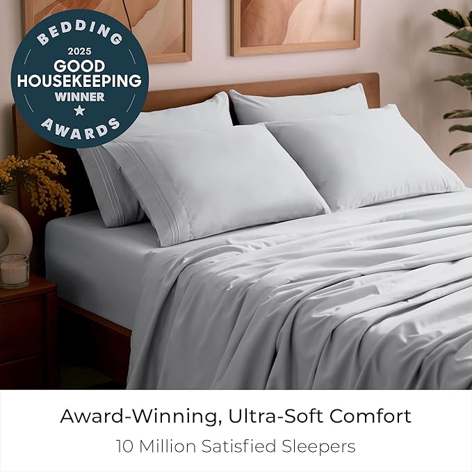 Mellanni Queen Sheet Set - 6-Piece Iconic Collection Bedding, (Including 4 Pillowcases), 21-Inch Extra Deep Pocket, Easy Care, Ultra Soft, Cooling Sheets, Brushed Microfiber - Light Gray