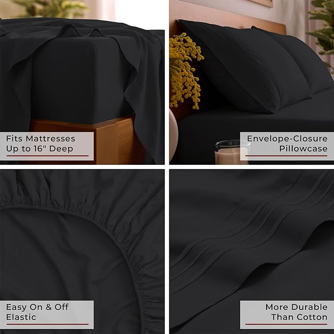 Mellanni Queen Sheet Set - 6-Piece Iconic Collection Bedding, (Including 4 Pillowcases), 16-Inch Deep Pocket, Easy Care, Extra Soft, Cooling Sheets, Brushed Microfiber - Black