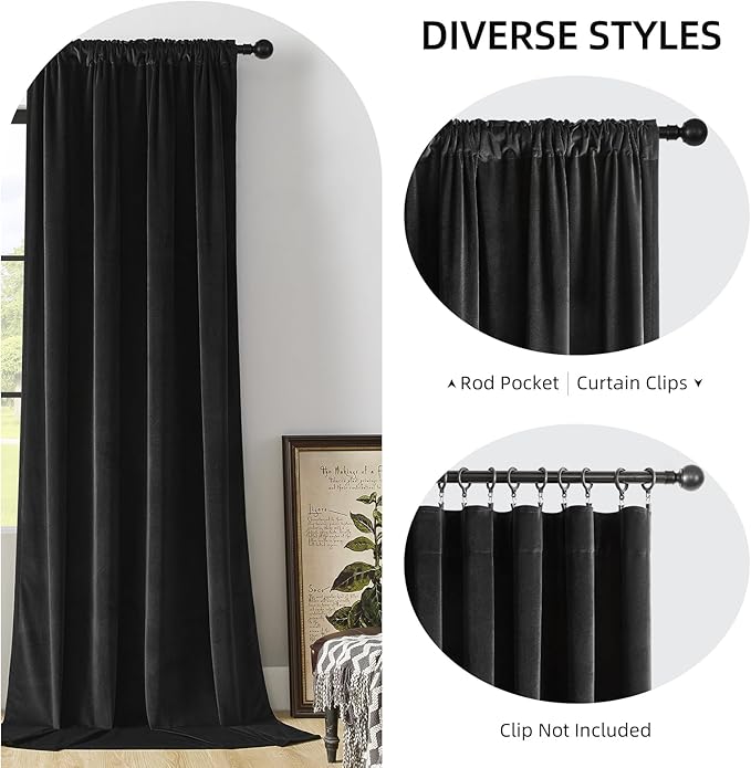 Joydeco Velvet Curtains 96 inch 1 Panel, Long Luxury Black Blackout Thermal Insulated Rod Pocket Window Curtains, Super Soft Room Darkening Drapes for Living Room Bedroom, W100 x L96 Inch, Black