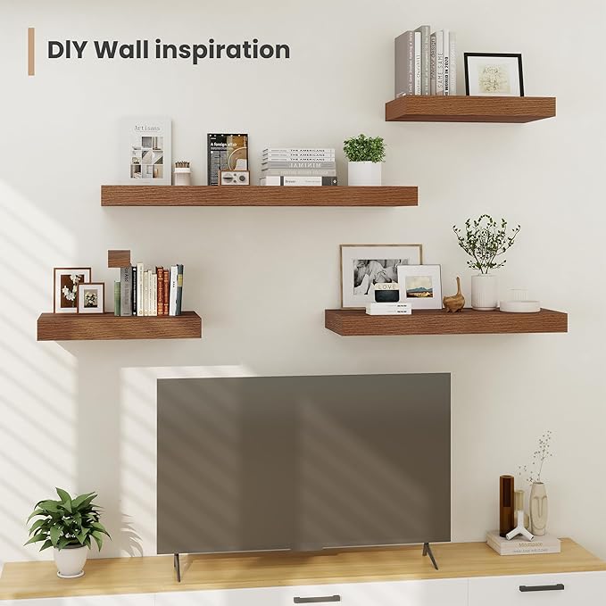 Heimlove 12 Inch Deep Floating Shelves, 48 x 12 inches Long Wall Shelf, Large Display Shelf & Storage Shelf, Rustic Wood Wall Shelves for Fireplace Mantel, Set of 2(Walnut)