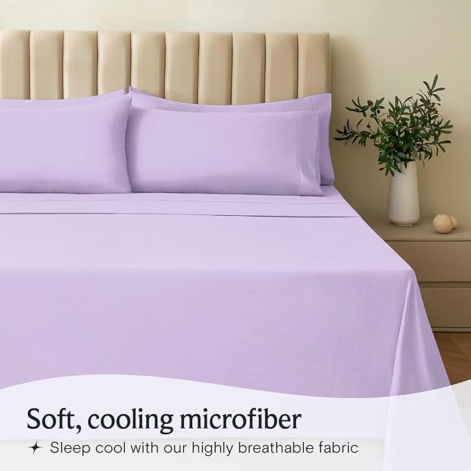 LuxClub 4 PC Queen Sheet Set, Deep Pockets Wrinkle Free Cooling Bed Sheets Hotel Bedding for Women, Men, Includes 1 Fitted Sheet, 1 Flat Sheet and 2 Pillowcases-Silky Soft Lavender