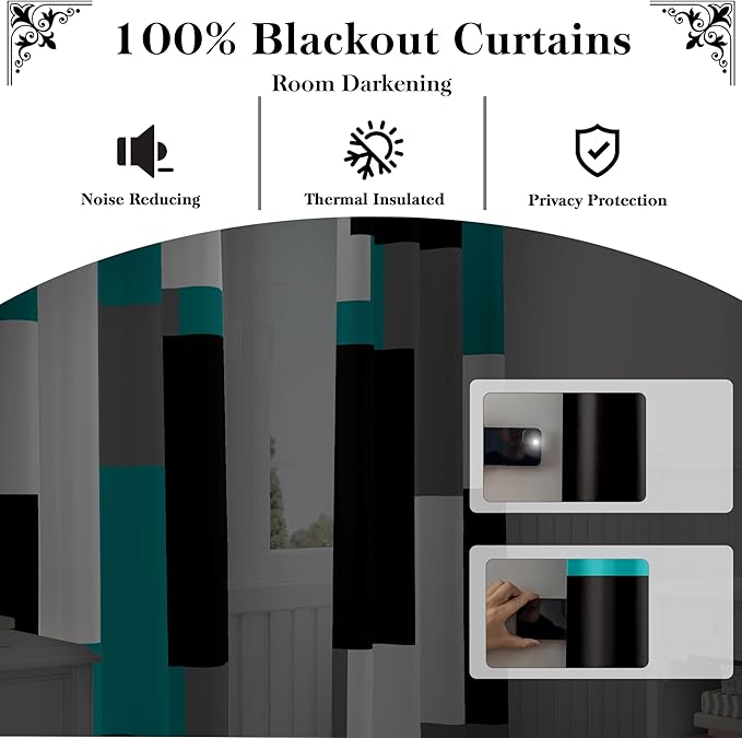 Teal/Turquoise 100% Blackout Curtains for Bedroom 84 inch Length 2 Panels Set White Grey Modern Abstract Geometric Black Out Curtains Room Darkening Window Drapes for Living Room, 42Wx84L