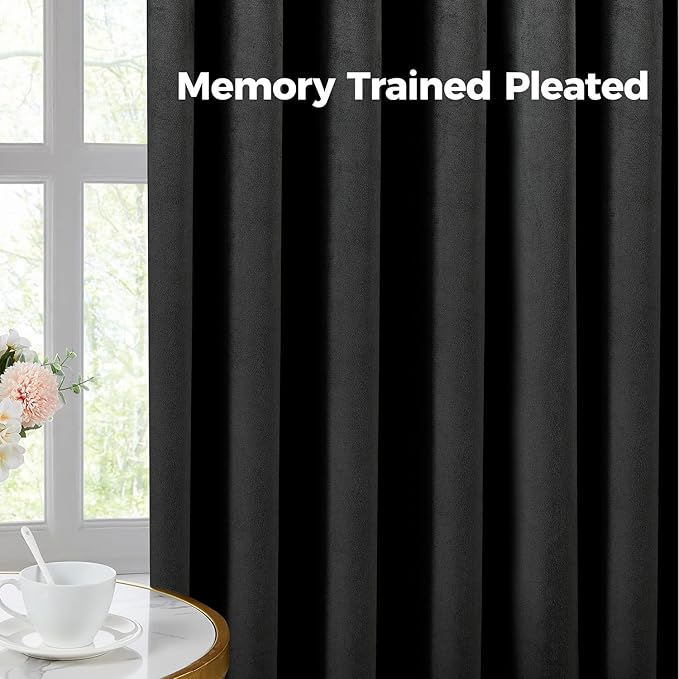 Pinch Pleated 100% Blackout Curtains for Bedroom, Black Velvet Curtains for Living Room, Black Out Curtain 86 inch Long Room Darkening, Blackout Pinch Pleat Drapes with Hooks 2 Panels