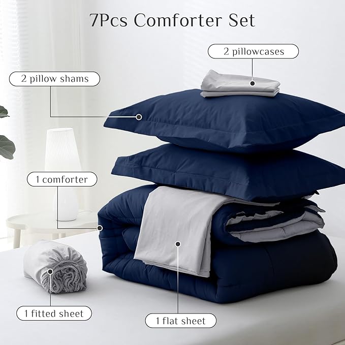 JOLLYVOGUE Full Comforter Set, Ultra-Soft Bed in a Bag Full Size 7 Pieces, Oeko-TEX Certified Bedding Set with Down Alternative Comforter, Sheets, Pillowcases & Shams, Navy Blue & Light Grey