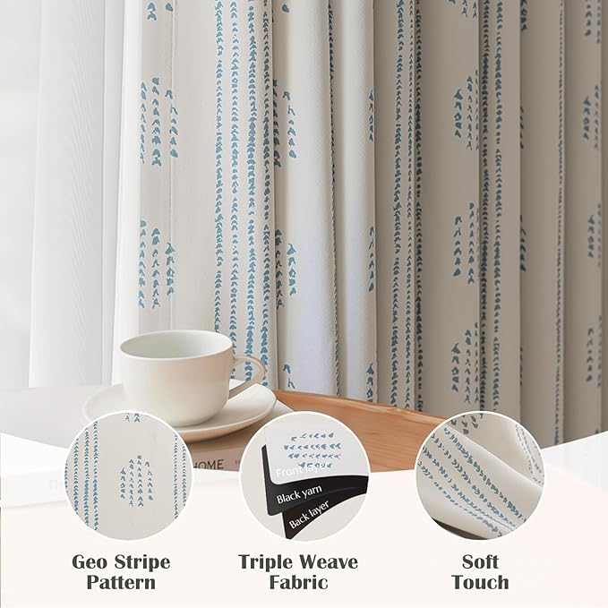 100% Boho Blackout Curtains 96 Inches Long for Bedroom, Blue on Beige Patterned Bohemian Curtains for Living Room, Geometric Striped Thermal Insulated Window Drapes Gromment Top 2 Panels