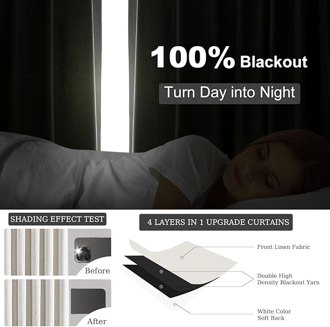 Topfinel 105 Inches Long Custom Black Out Faux Thick Linen Drapery Panels, Pinch Pleated Heat Reflective Cream Curtains with Pin Hooks, Luxury Lined Back Tab Drapes 2 Panels for Living Room