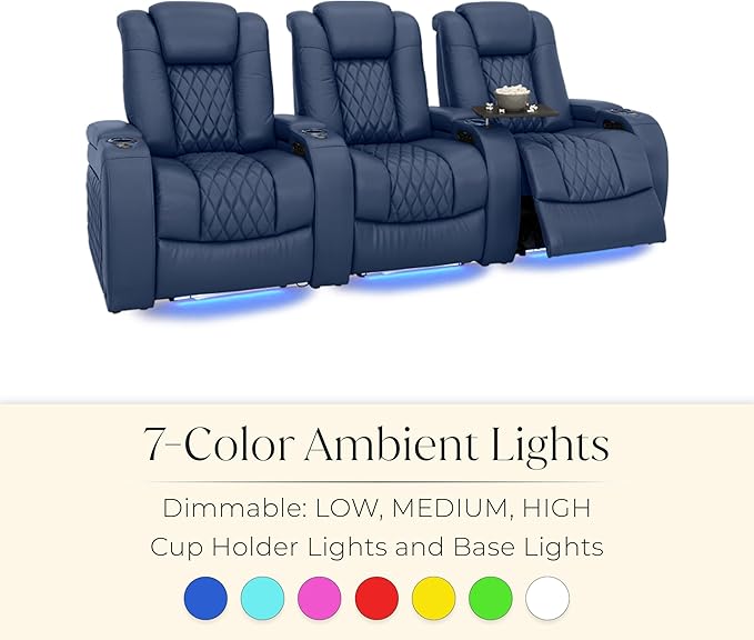 Seatcraft Diamante Zero-Gravity CoolZero Italian Leather Home Theater Seating, Power Headrest, Power Recline, Row of 3 Right Loveseat, Navy Blue