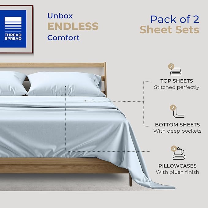 THREAD SPREAD 2-Pack Full Size Sheet Sets - 400 Thread Count 100% Cotton Sateen Weave - Extra Soft, Breathable, Hotel Quality Cooling Sheets, 2 Sets of Full Size Deep Pocket Bed Sheets (Light Blue)