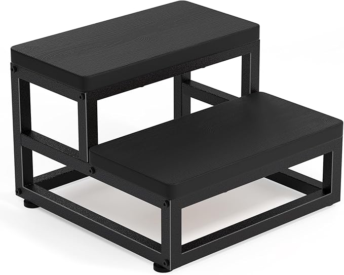 Two-Step Stool for Adults & Kids, Waterproof HDPE Bed Step with Adjustable Non-Slip Feet, Sturdy Metal Frame for Kitchen, Bathroom, Bedroom, RV & Outdoor Use, Black