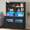 VIAGDO Tall Nightstand Set of 2 with Charging Station and LED Lights, Black Night Stand Set 2 with Bookshelf, Modern LED Bedside Tables with 3 Drawers and Storage Shelves, Side Tables for Bedrooms