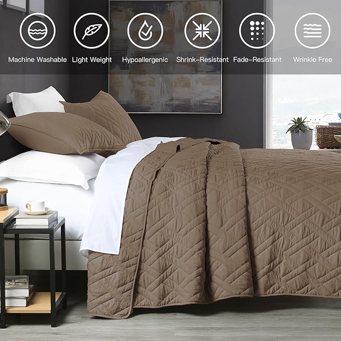 HORIMOTE HOME Quilt Set Queen Size Pine Bark, Classic Geometric Diamond Stitched Pattern, Ultra Soft Microfiber Lightweight Bedding Bedspread Coverlet for All Season with 1 Quilt 2 Pillow Shams