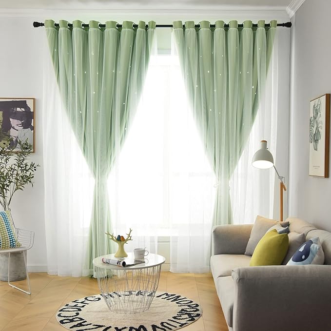 Stars Curtains Double Layer Curtains Blackout Curtains for Bedroom Kids Curtains Cute Curtains Kids Blackout Curtains, Curtains 96 Inches Long 2 Panels Set, Green Curtains, 52 X 96 Inches
