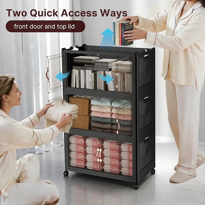 600Qt Stackable Storage Bins with Lids, 5 Pack Large Collapsible Bins with Wheels, Plastic Cabinet with Doors, Foldable Closet Organizers and Storage for Home, Dorm, Office, Black