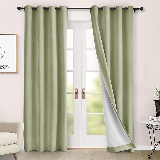 Macochico Full Blackout Curtains 84 Inches Long Insulated Noise Reducing Chenille Curtains for Living Room Bedroom Nursery Auditorium Green Tint Curtains with Tieback Grommet 72" Wx84 L 1 Panel