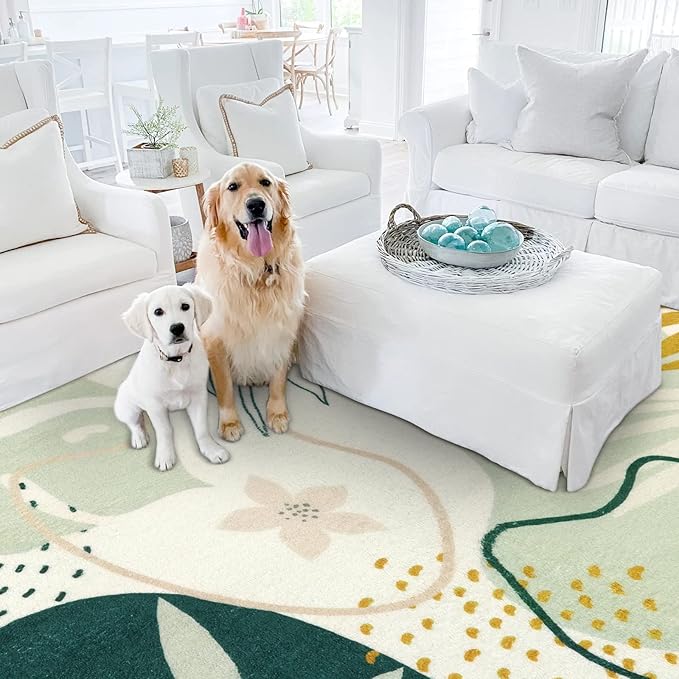 Lahome Green Botanical Print Washable Rugs - 5x7 Area Rugs for Living Room Boho Throw Large Bedroom Kitchen Rug Non-Slip Low-Plie Entryway Rug Floor Mat Carpet for Dining Laundry Room Office Rug