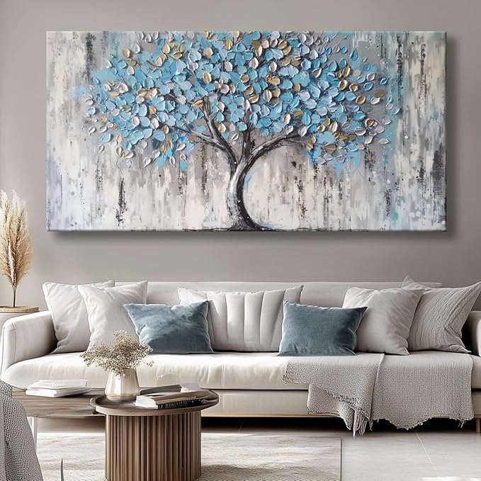 Blue Tree Canvas Wall Art - Modern Botanical Paintings for Living Room, Bedroom Wall Decor, Framed Wall Art for Home or Office Decoration, Large Wall Art 50x100cm(20x40in)