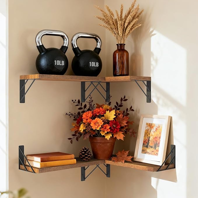 BAYKA Wall Shelves for Bedroom Decor, Floating Shelves for Wall Living Room Kitchen Storage, Mounted Rustic Wood Floating Shelves for Kids Books, Corner Shelf for Bathroom(Rustic Brown，Set of 4)