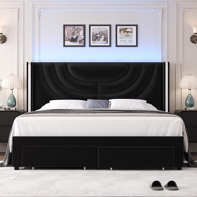 HITHOS Queen Upholstered LED Bed Frame with 2 Storage Drawers, Velvet Platform Bed with Wingback Headboard, Solid Wooden Slats Support, No Box Spring Needed, Headboard Splicing Design, Black