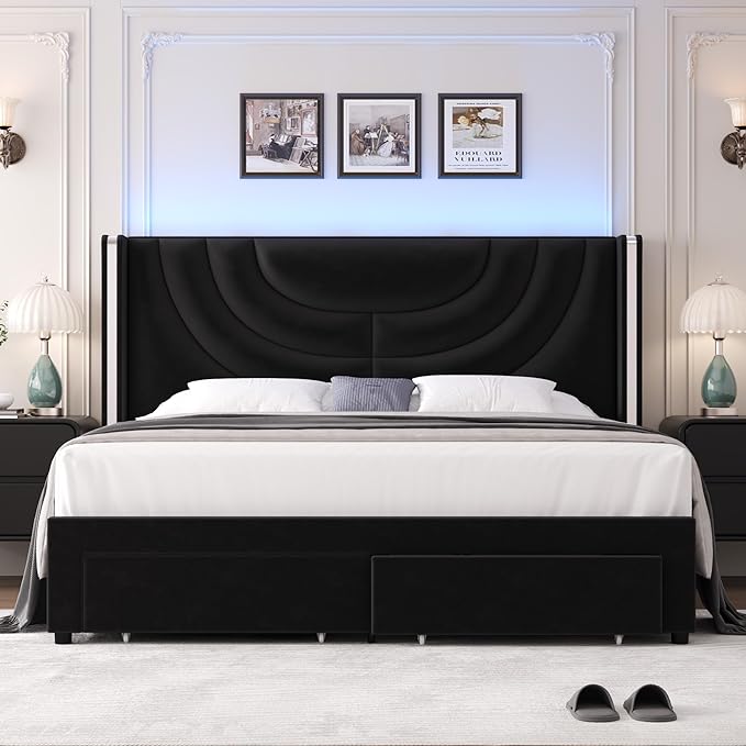 HITHOS King Upholstered LED Bed Frame with 2 Storage Drawers, Velvet Platform Bed with Wingback Headboard, Solid Wooden Slats Support, No Box Spring Needed, Headboard Splicing Design