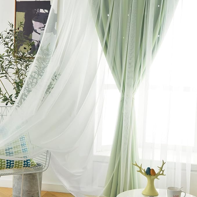 Stars Double Layer Blackout Curtains for Bedroom Kids, Cute Green Curtains 84 Inches Long, 2 Panels Set, 52 X 84 Inches