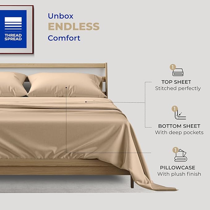 THREAD SPREAD 100% Cotton Sheets Twin Size - 400 Thread Count Cotton Bed Sheets Twin, 3 PC Set (Taupe), Luxury Soft, Breathable, Cooling, Sateen Weave 16" Deep Pocket Bedsheet for Dorm Rooms