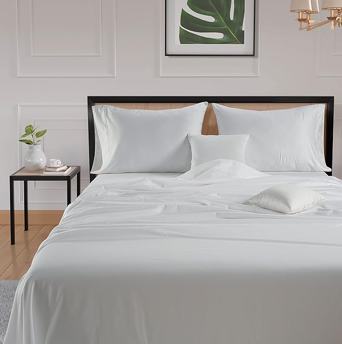 LANE LINEN 600 Thread Count 100% Mercerized Cotton White Twin Sheet Set - Soft & Cmofy Hotel Like Thick Cotton Bedding Sheets & Pillowcases, Sateen Weave Silky Finish Luxury White Bed Sheets Set