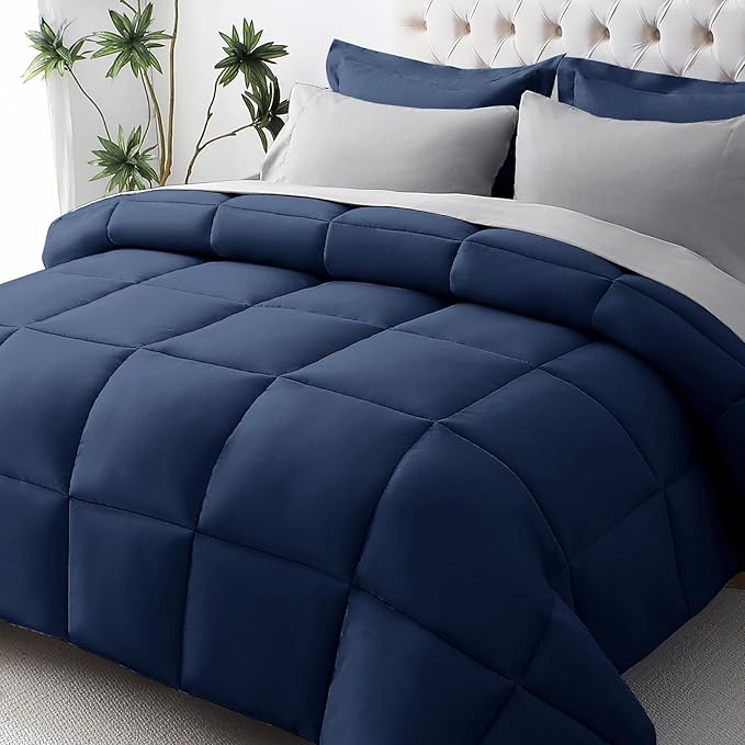 JOLLYVOGUE Queen Comforter Set, Ultra-Soft Bed in a Bag Queen Size 7 Pieces, Oeko-TEX Certified Bedding Set with Down Alternative Comforter, Sheets, Pillowcases & Shams, Navy Blue & Light Grey
