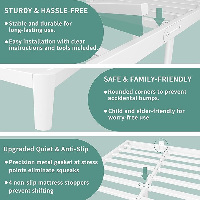 ITIMIDI 6 Inch King Size White Bed Frame with Metal Gaskets,Metal King Bed Frame Platform, No Box Spring Needed, Heavy Duty Steel Support 3000 LBS, Anti-Slip Mattress Stopper, Easy Assembly