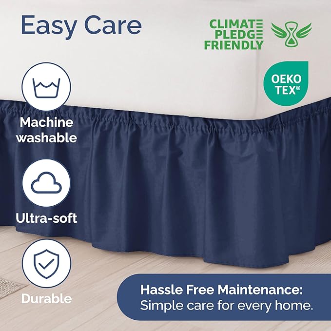Wrap Around Dust Ruffle Bed Skirt - Navy Blue - for Queen Size Beds with 12 Inch Drop - Elastic Strap - Adjustable Pleated Bedskirt with Brushed Fabric and Wrinkle Free - for Women, Men, Kids & Teens