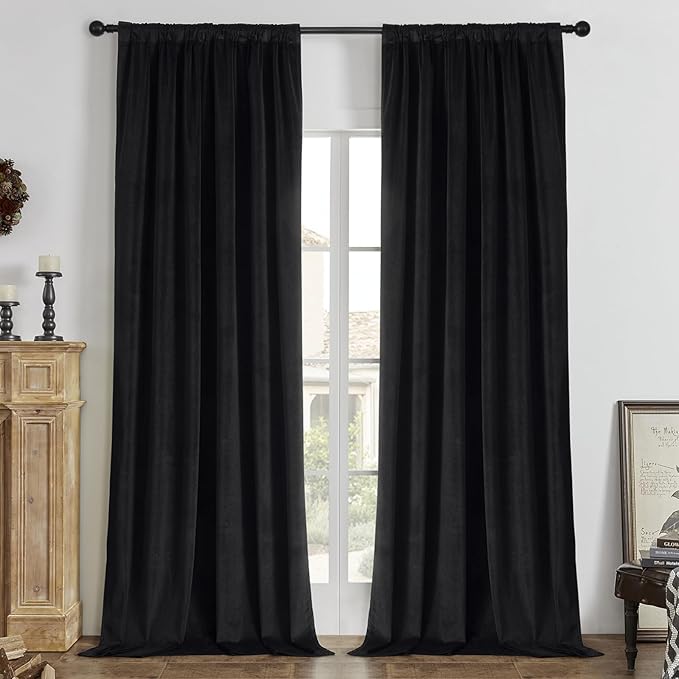 Joydeco Black 100% Blackout Curtains 120 Inch 2 Panels, Luxury Thermal Insulated Black Velvet Curtains for Bedroom Living Room, Soundproof Blackout Window Drapes, Rod Pocket & Back Tab (52W x 120L)