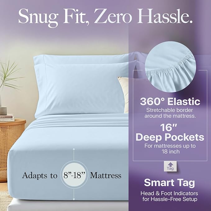 Carressa Linen 100% Egyptian Cotton Twin XL Sheets Set - 600 Thread Count Luxury Egyptian Cotton Sheets Twin XL Size (3 PC, Sky Blue), 16" Deep Pocket, Soft, Cooling, Sateen Weave Dorm Room Bedding