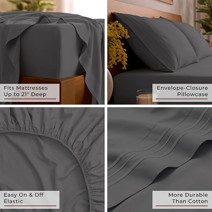 Mellanni California King Sheet Set - 6-Piece Iconic Collection Bedding, (Including 4 Pillowcases), 21-Inch Extra Deep Pocket, Easy Care, Ultra Soft, Cooling Sheets, Brushed Microfiber - Gray