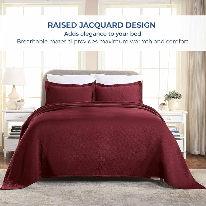 Superior 100% Cotton Basket Weave Bedspread with Shams, All-Season Premium Cotton Matelasse Jacquard Bedding, Quilted-Look Geometric Basket, King, Garnet
