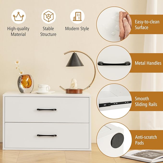 Giantex Stackable 2-Drawer Dressers for Bedroom - Short Dresser Two Drawer Storage Cabinet w/Handles & Anti-Topping Device, Small Dresser Chest of 2 Drawers for Closet Bedroom (2, White)