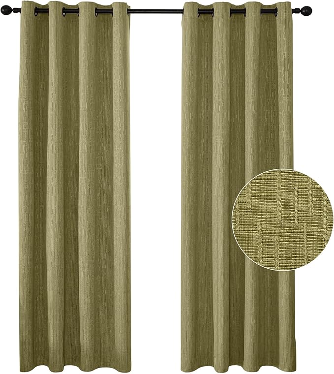 Jacquard Linen Curtains 63 inch Length 2 Panels Thick Faux Linen Blended Window Drapes Burlap Textured Curtains with Grommet for Living Room Bedroom Farmhouse (42x63 Olive Green) Natural