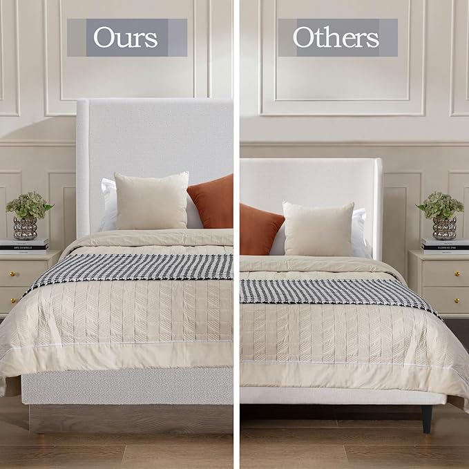 Queen Size Upholstered Bed Frame, 53" Tall Headboard Hosford Wingback Bed Frames, Wood Base Floor Platform Beds, No Box Spring Needed No Noise, Rusticity Minimalist, Cream White Boucle