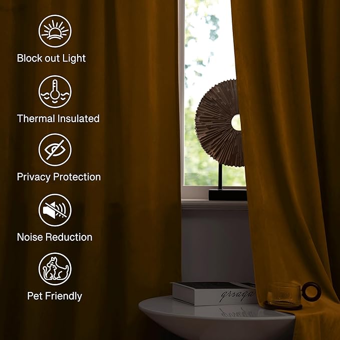 StangH Mustard Gold Velvet Curtains - Soft Light Blocking Drapes for Living Room Sliding Door, Energy Efficient Window Curtains, Vibrant Fall Home Decor, W52 x L105, 2 Panels