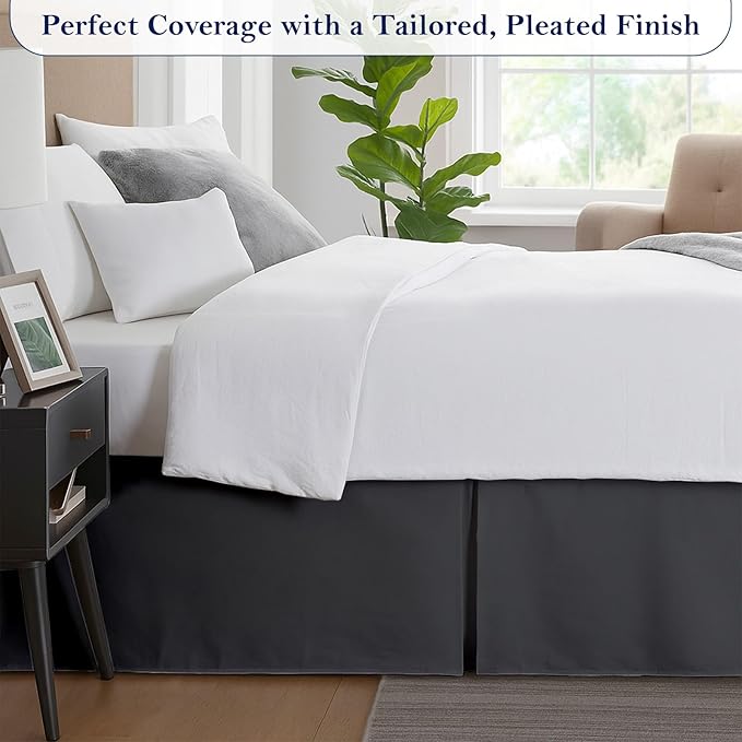 Full Bed Skirt, Luxury 15 Inch Drop Dark Grey Pleated Bed Skirt, Double Brushed Microfiber, Box Pleat Design, Wrinkle & Fade Resistant, Easy Fit Tailored Bedskirt for Full Size Beds