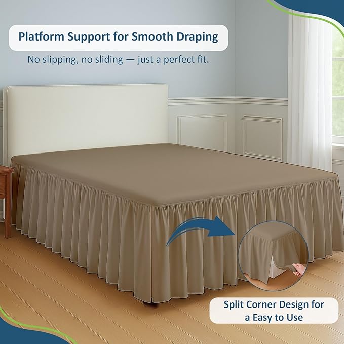 Rajlinen Ruffled Bed Skirt Queen, 12 Inch Drop Dust Ruffle with Split Corners, 100% Microfiber Bedskirt with Platform, Three-Sided Coverage Ruffled Gathering Design, Taupe