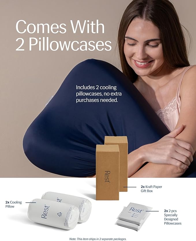 REST® Evercool® Cooling Pillow, Set of 2, Instant Cool-to-Touch Shell Fabric & Breathable Silicone Sponge Core for All-Night Temperature Regulation & Ergonomic Support, Medium Height, Light Blue