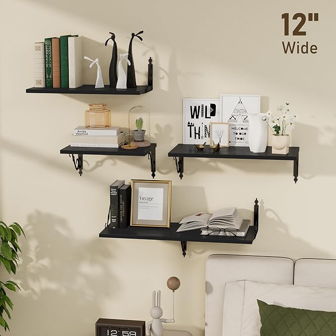 Dreamland Deep Floating Shelves, 36" W x 12" D Wall Shelves Set of 2, Wide Display Shelf Wall Mounted with Brackets, Bookshelf for Living Room, Bathroom, Bedroom, Black