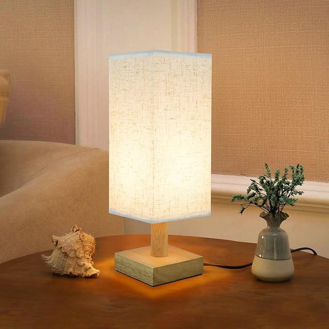Small Bedside Table Lamp for Bedroom, Minimalist Nightstand Lamp with Square Fabric Linen Shade, Mini Cute Study Reading Desk Lamp Night Table Lamp for Living Room,Nursery, Home, Office,4.3in