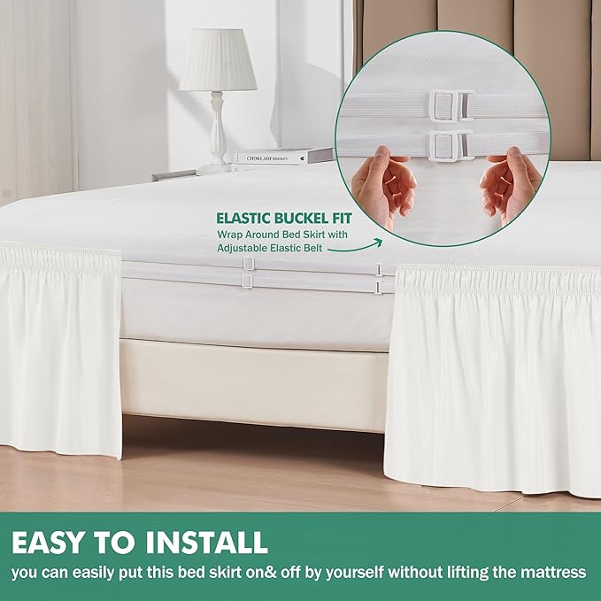 Biscaynebay Wrap Around Bed Skirts with Split Corners for King Beds 18" Drop, Ivory Adjustable Elastic Dust Ruffles Easy Fit Wrinkle Resistant Silky Luxurious Fabric Machine Washable