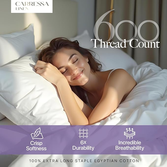 Carressa Linen 100% Egyptian Cotton Full Size Sheets - 600 Thread Count Full Size Egyptian Cotton Sheets (4 PC, Ivory Cream), Soft, Cooling, 16" Deep Pocket Sateen Weave Luxury Hotel Bed Sheet Set