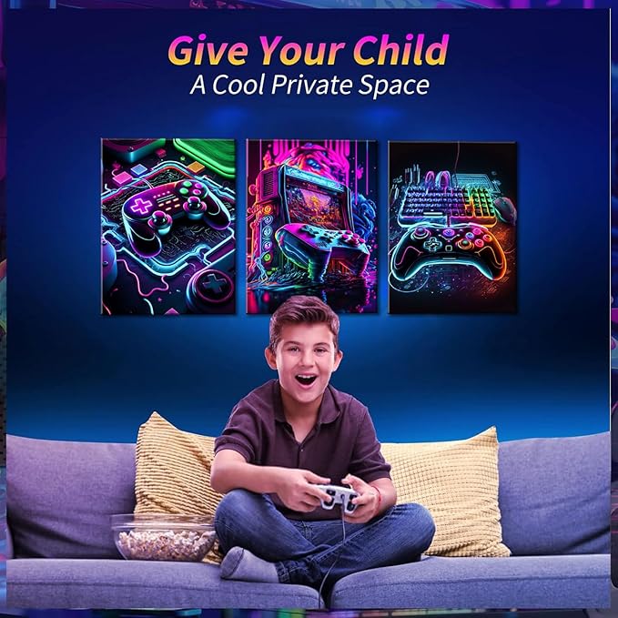 Game Room Decor Posters Set of 3 - Neon Gaming Accessories Theme Canvas Wall Art, Gamer Console Paintings Picture Wall Decor for Children Youth Boys Bedroom 12x16 inch Unframed
