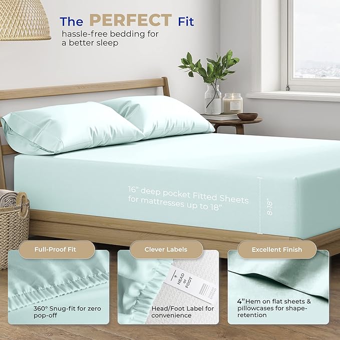 THREAD SPREAD Twin Sheets Set Cotton - 400 Thread Count 100% Cotton Twin Sheet Set, 3 PC Twin Sheets, Cooling & Luxury Sateen Sheets, 16" Deep Pockets Easy Fit, Breathable Cotton Sheets (Sea Foam)