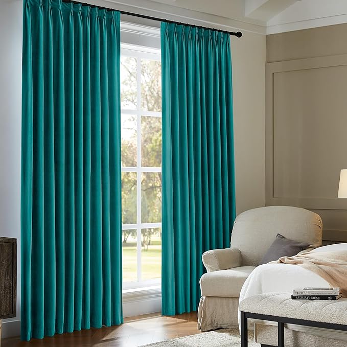 Pinch Pleated 100% Blackout Curtains for Bedroom, Teal Velvet Curtains for Living Room, Black Out Curtain 84 inch Long Room Darkening, Blackout Pinch Pleat Drapes with Hooks 2 Panels