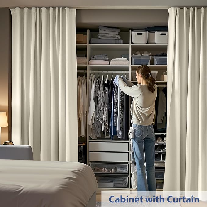Room Divider Ceiling Mounted Curtains Track Sets Extra Wide Blackout Curtain Flexible Tracks for Bedroom Privacy Partition Separator, 1 Panel Beige Drape and White Rail, W12.5 x H9ft
